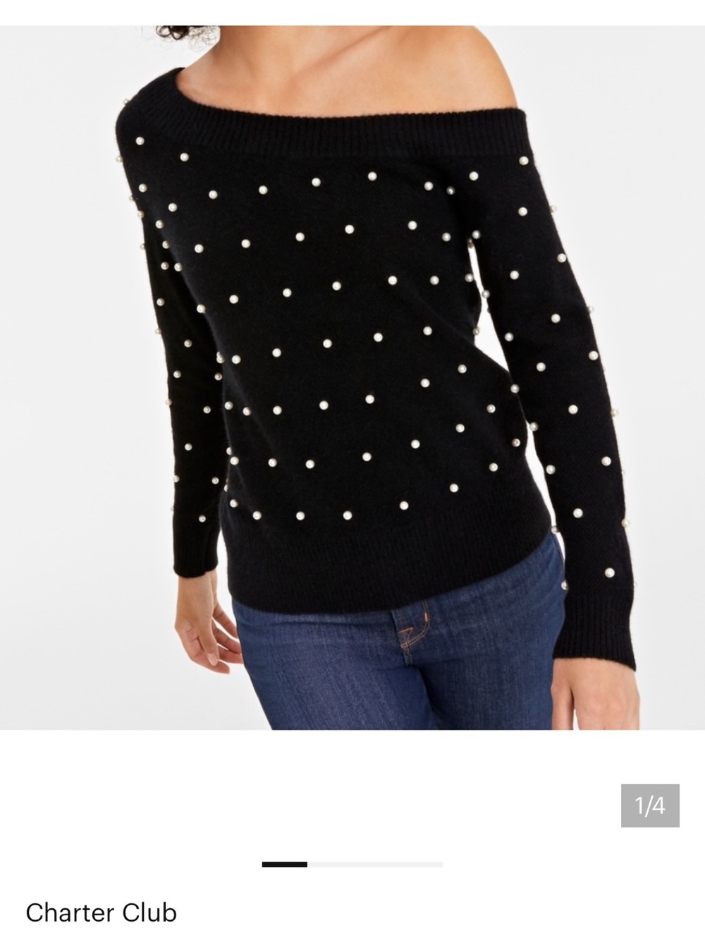 Charter Club 100% Cashmere Pearl Embellished Off-The-Shoulder Sweater Medium